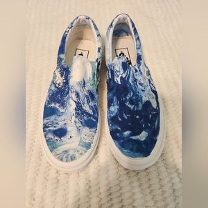 Custom hand-painted Vans Classic Slip-On sneakers Men 5, Women 6.5 Blue Marble